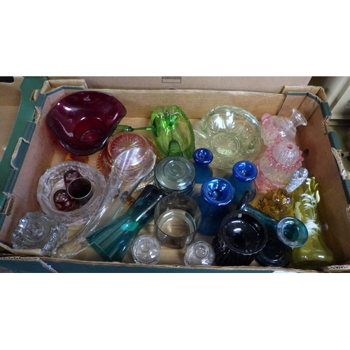 34 - Two boxes of various coloured art glass to include vase's, dishes etc