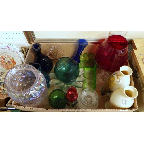 34 - Two boxes of various coloured art glass to include vase's, dishes etc