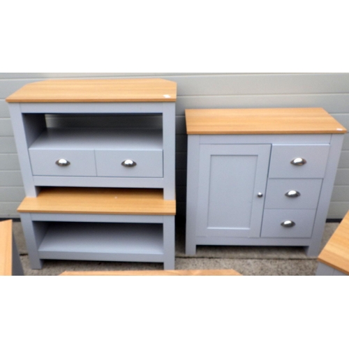 502 - A modern cream corner unit, a grey/blue t.v stand, coffee table and two occasional tables (6)