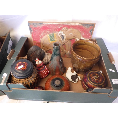 28 - An earthenware vase, Kashmir style lacquer boxes, woodenwares etc. (2)