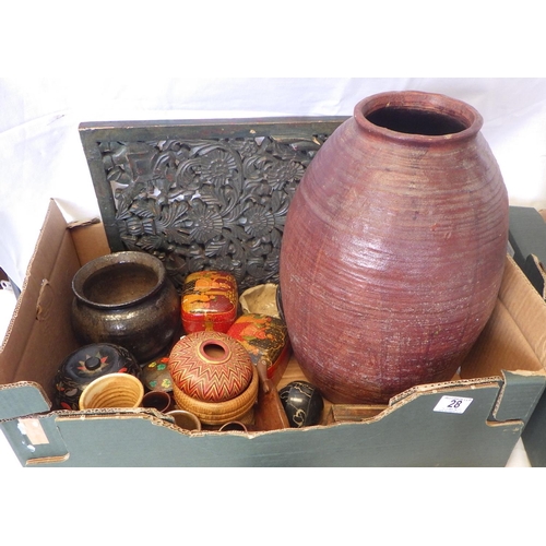 28 - An earthenware vase, Kashmir style lacquer boxes, woodenwares etc. (2)