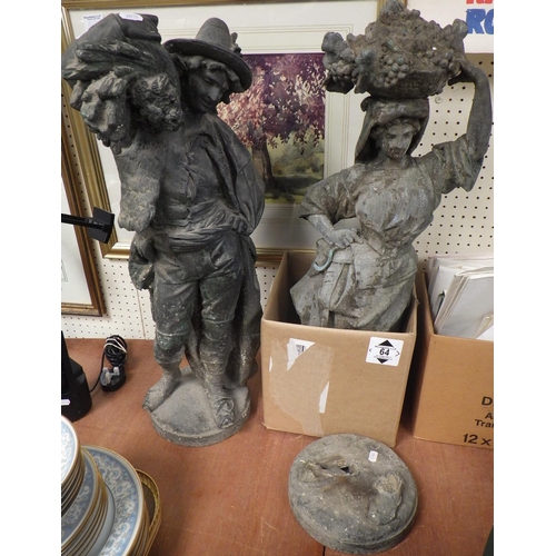 64 - A pair of spelter figurines, one a/f with base detached.  Intact figure 69cm tall.