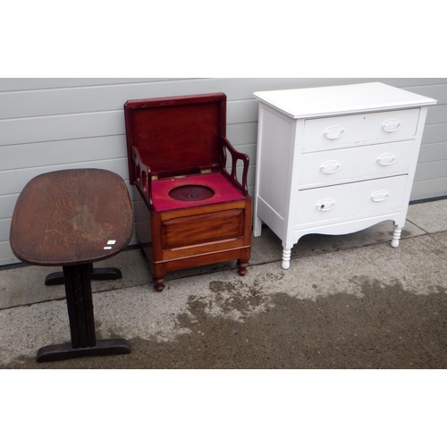 608 - A painted chest of drawers together with a Victorian mahogany commode and a coffee table (3).