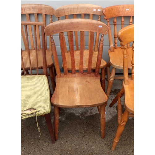 610 - A set of four slat back dining chairs together with four further kitchen chairs (8).