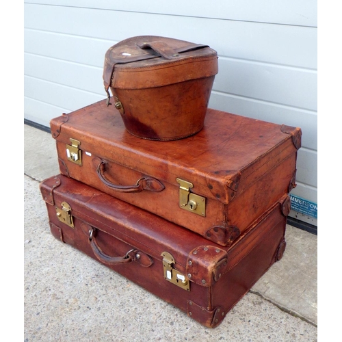 656 - Two leather suitcases and a hatbox (3)