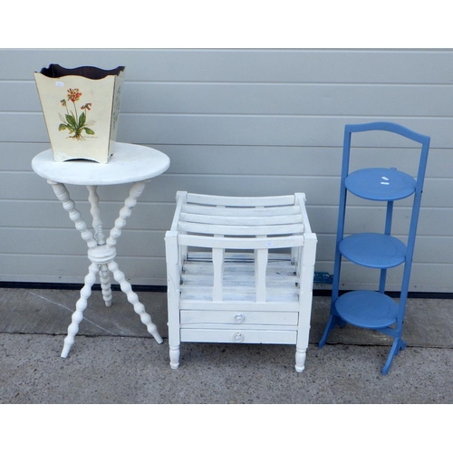 660 - A white painted gypsy table, blue painted cake stand, bin and Canterbury (a/f) (4)