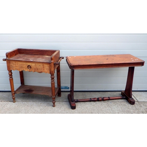 680 - A Victorian mahogany side table 107cm long, missing feet together with a 19th cen French walnut wash... 