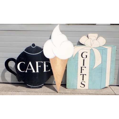 689 - Three painted ply signs, Cafe, Gifts (123cm tall) & an Ice Cream cone (3)