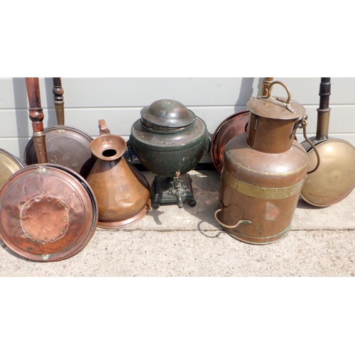 693 - Five copper warming pans, copper measure, samovar, carrier (8) (a/f)