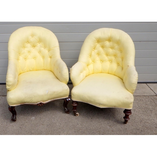 696 - Two yellow upholstered Victorian nursing chairs (a/f)