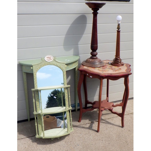 699 - A green painted mirror & hall table, a painted occasional table, a stand and a table lamp (5)