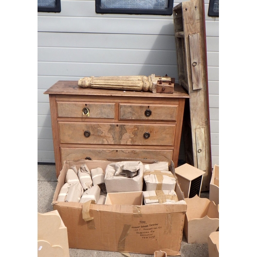 704 - A late Victorian walnut chest of drawers, a side table and further boxed  unpainted furniture