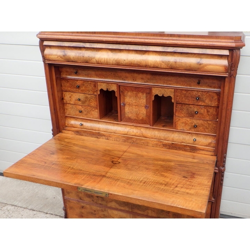 736 - A Continental 19th cen burr walnut secretaire abbatant,, later feet, worm, 116cm wide