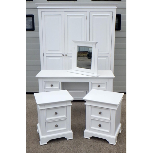 757 - A modern white triple wardrobe, dressing table, stool & pair bedside chest's together with a cream p... 