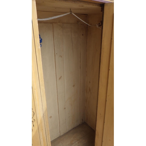 759 - A Victorian painted pine single door wardrobe, beading loose together with a towel rail (2)