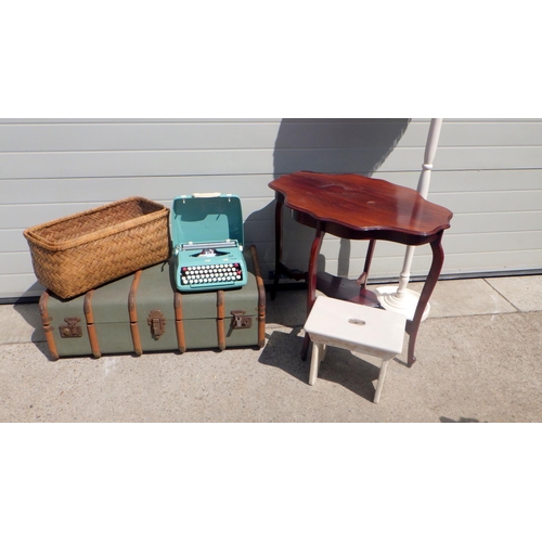 831 - A white lamp standard, basket, Edwardian occasional table, trunk, white gardening stool & portable t... 