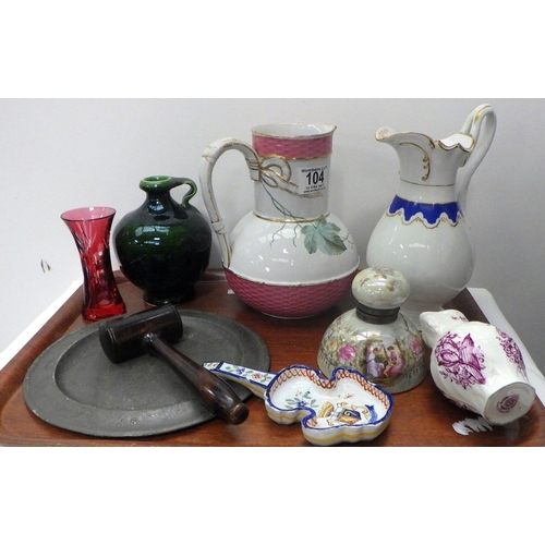 104 - A presentation gavel, a Royal Worcester jug, a continental guitar shaped dish, a continental inkwell... 