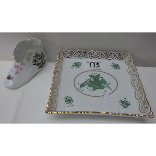 115 - A Herend square dish, a Herend shoe; Booths tableware incl two tureens