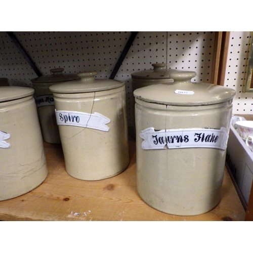 118 - Eight stoneware tobacco jars, some a/f.  Each approximately 20cm tall.