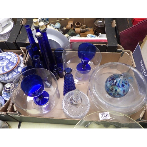 158 - A glass pedestal dish, a blue glass chemist bottle, other glassware. (2)