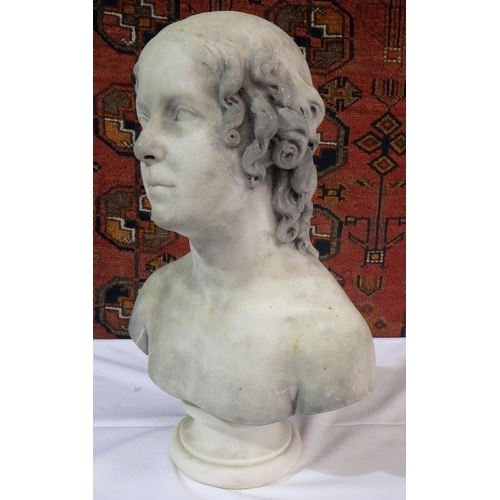 168 - A young woman with ringlets, 19th cent bust on plinth, carved marble, 46cm tall.