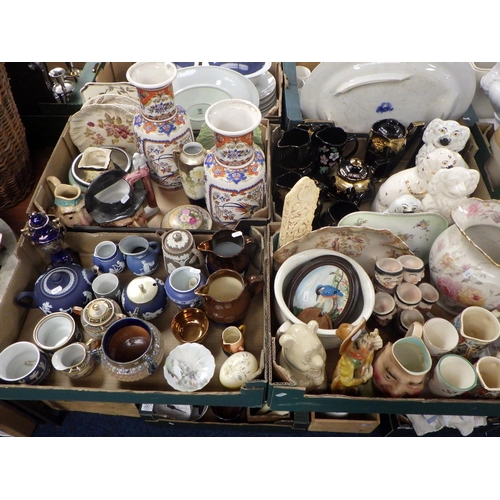 186 - 19th cent and later ceramics incl Staffordshire spaniels, luster jugs, stoneware storage jars. Some ... 