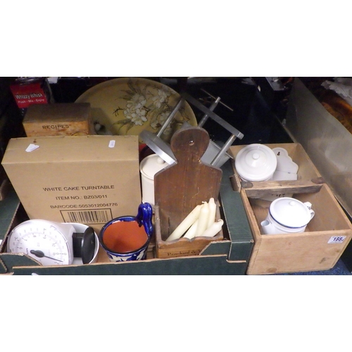 188 - A London Candle Co trug, two wooden crates, kitchenalia, etc (4)