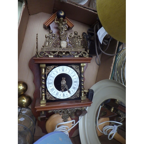 221 - A reproduction wall clock, two table lamps etc