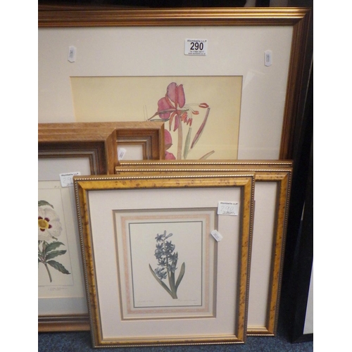 290 - A group of floral framed prints to include a pencil signed H Grimwold, two large glass gaming panels... 