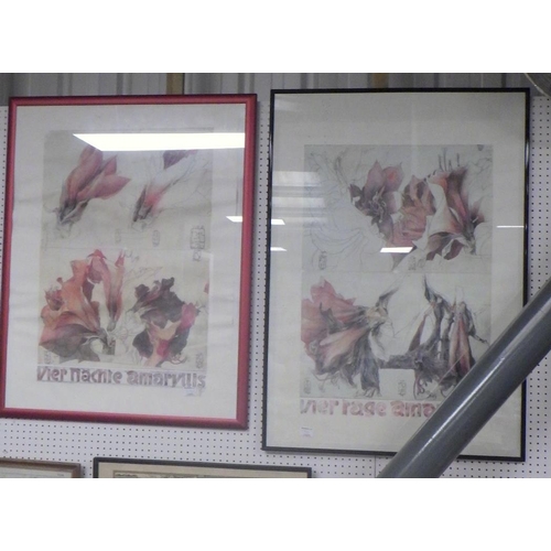 290 - A group of floral framed prints to include a pencil signed H Grimwold, two large glass gaming panels... 