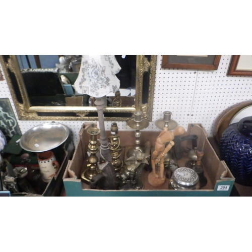 294 - A pair of brass candlesticks together with further metal wares etc