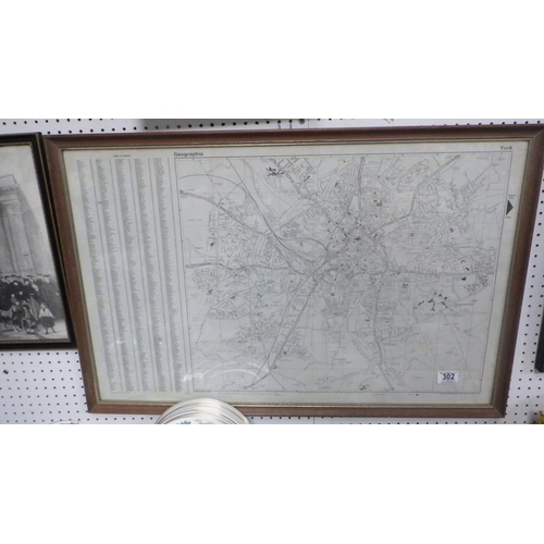 302 - A framed map of Lincolnshire together with a Framed street map of York, group photograph St.Peter`s ... 