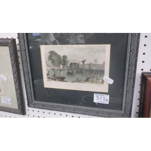 323 - An indistinctly signed picture of Edinburgh skyline together with two further framed prints (3).