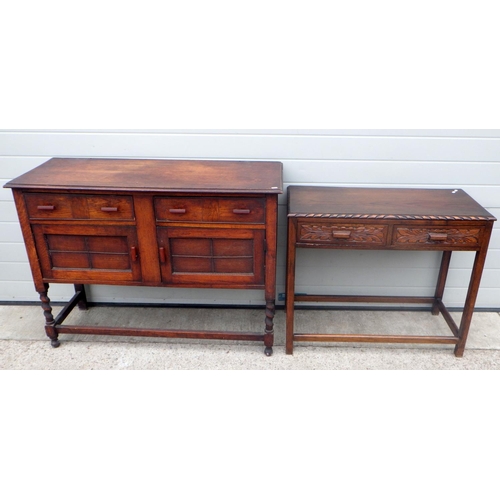 878 - A 1930's oak sideboard base on barleytwist legs, missing back, 120cm wide together with a two drawer... 