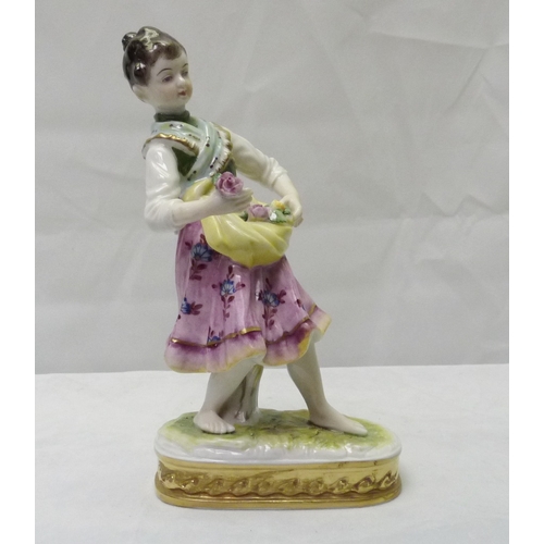 319 - A pair of Sitzendorf porcelain figures 6.5 ins, depicting boy and girl flower sellers af.