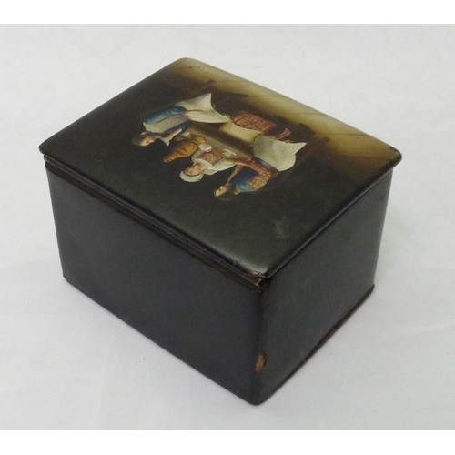 344 - A Russian lacquered papier-mache tea caddy, 100 x 70 x 80mm; a papier-mache lacquered circular box b... 