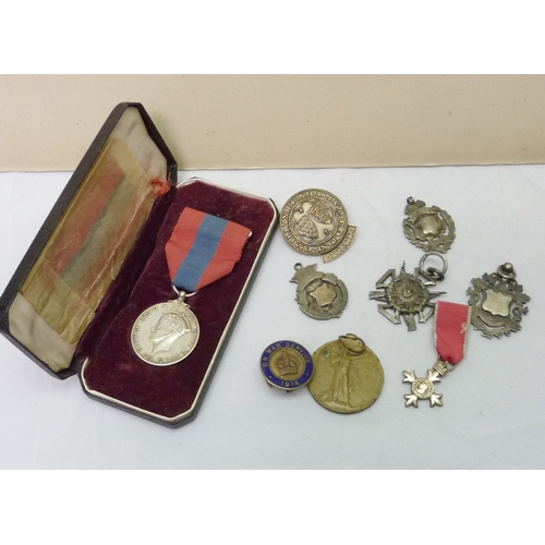 347 - An Imperial Service Medal; other civil and military interest medals and badges, silver fobs etc; a f... 