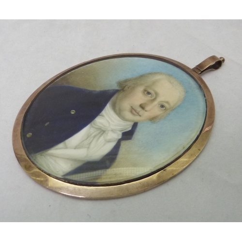 355 - A gentleman in a blue coat, miniature painting, Thomas Hazlehurst (c1740 - 1821) initialled TH, 74 x... 