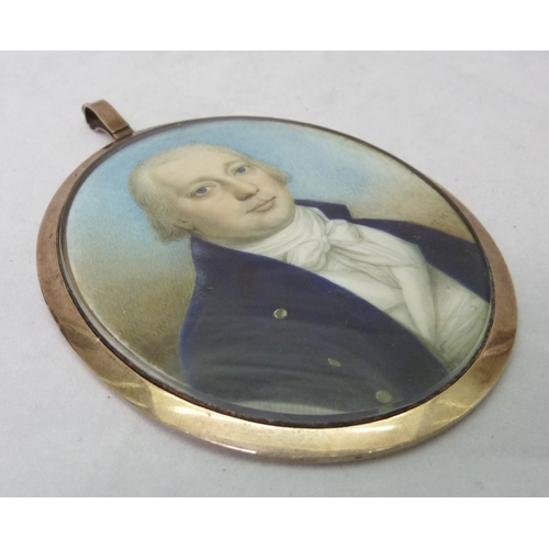 355 - A gentleman in a blue coat, miniature painting, Thomas Hazlehurst (c1740 - 1821) initialled TH, 74 x... 