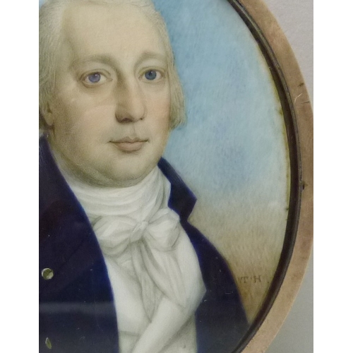 355 - A gentleman in a blue coat, miniature painting, Thomas Hazlehurst (c1740 - 1821) initialled TH, 74 x... 