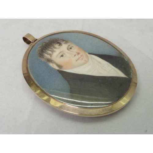 357 - Portrait of a gentleman with a dimpled chin, unsigned miniature 65 x 52mm oval presented in a yellow... 