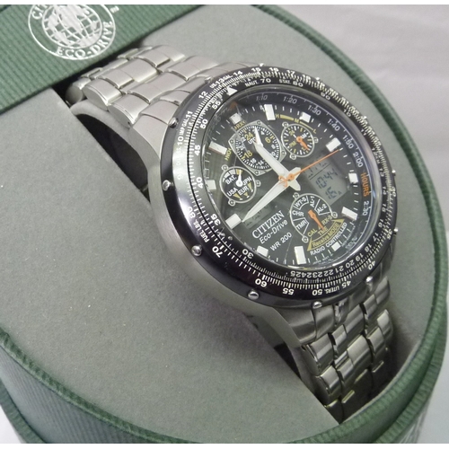 365 - A Citizen SkyHawk Eco-Drive WR200 chronograph bracelet wristwatch, steel.  Boxed with papers, notabl... 