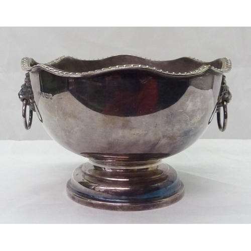 421 - A silver pedestal rose bowl having lion head ring handles, late 20th cent.  A/F interior corroded / ... 