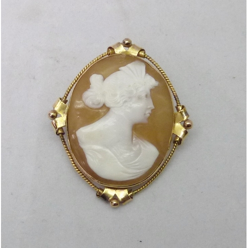 377 - A shell carved cameo in an unmarked yellow metal ring setting, head 20 x 15mm oval; a shell carved c... 