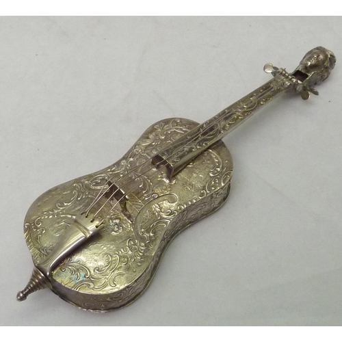 412 - A silver novelty trinket box modelled as a cello with a carved head, continental bearing English imp... 