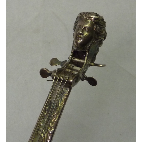 412 - A silver novelty trinket box modelled as a cello with a carved head, continental bearing English imp... 