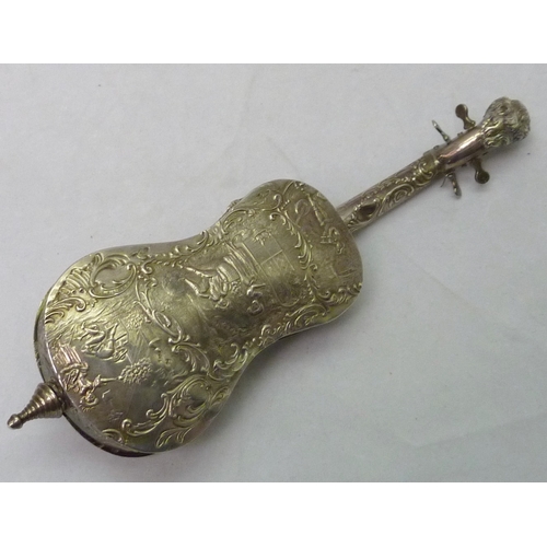 412 - A silver novelty trinket box modelled as a cello with a carved head, continental bearing English imp... 