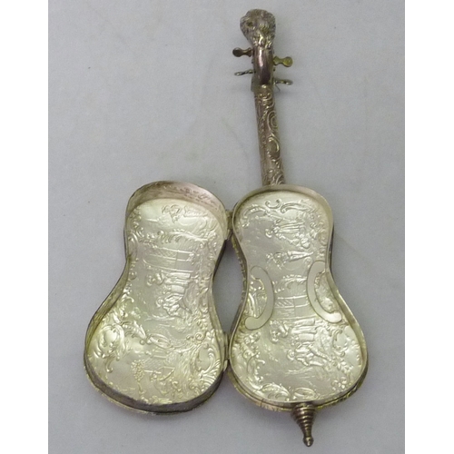 412 - A silver novelty trinket box modelled as a cello with a carved head, continental bearing English imp... 