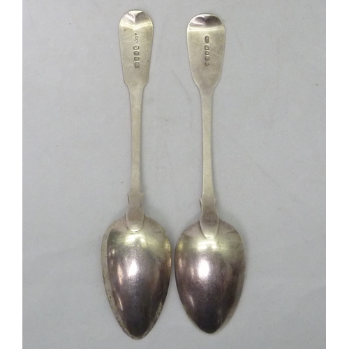 430 - Two silver fiddle pattern table spoons, early 19th cent. 
 The reeded example 223mm long / 140gr.