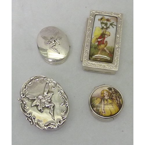 434 - A collection of Flower Fairies interest trinkets incl four white metal boxes marked 925.